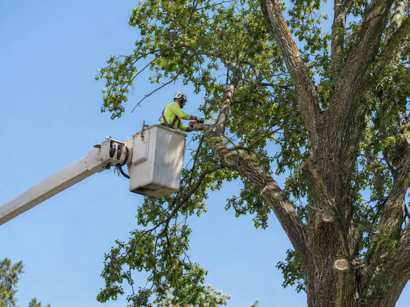 Arborist in a harness trimming branches high in a yard tree