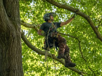 Climber in a safety harness roped into a tall tree