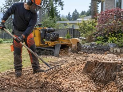 Stump grinder next to a freshly cut tree stump