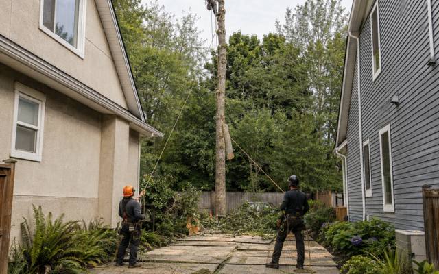 Arborist working high in a mature tree with a large spreading canopy