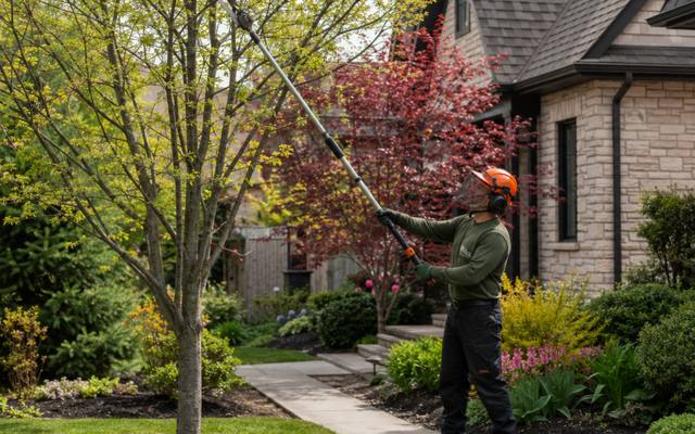 Worker pruning the lower branches of a small yard tree from the ground